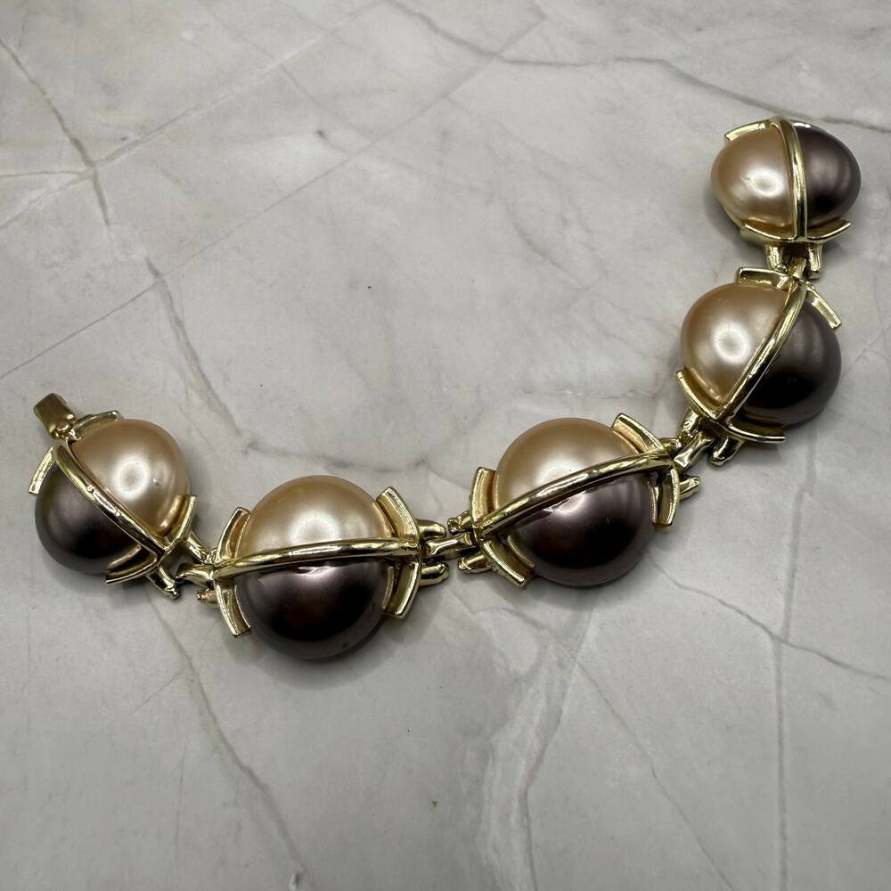 Vintage Two-Tone Faux Pearl Orb Bracelet Gold Tone Space Age